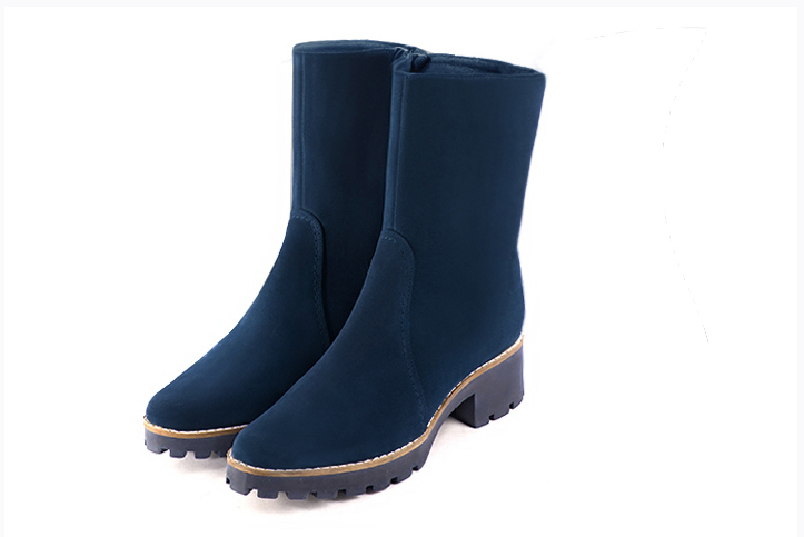 Navy blue women's ankle boots with a zip on the inside. Round toe. Low rubber soles. Front view - Florence KOOIJMAN